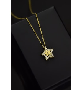 925 Ayar Gümüş Gold Kaplama Montür Içi Harfli Yıldız Kolye