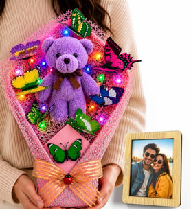 Kişiye Özel Fotoğraflı Renkli LED Işıklı Büyük Boy Kelebek Buketi Peluş Ayıcıklı Sevgiliye Kadına Hediye