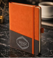 BK Gift Kişiye Özel Turuncu Termo Deri Defter -4, Kartvizit Bölmeli, Çizgili Ivory Kağıt