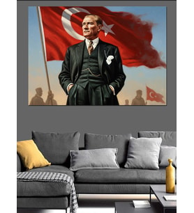 Türk Bayraklı Atatürk Dekoratif Kanvas - Mdf Ahşap Tablo