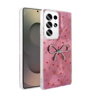 Samsung Galaxy S25 Ultra Kılıf Kamera Korumalı Fiyonk Kalp Figürlü Ponti Kapak (Açık Pembe)