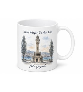 İzmirin Kavakları Saat Kulesi Çizimli Ege Esintisi Çay Kupası Hediye Bardak