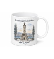 İzmirin Kavakları Saat Kulesi Çizimli Ege Esintisi Çay Kupası Hediye Bardak