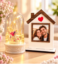 Kişiye Özel Fotoğraflı Ahşap Ev Çerçevesi ve LED Işıklı Unicornlu Fanus Hediye Seti (ab1)
