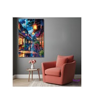 Tekli Dikey Kanvas Modern Salon Tablosu Işıklı Issız Sokak ve Lambalar