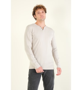 Giyim Dünyası Erkek Sıfır Yaka Düğmeli Uzun Kol Sweatshirt Taş