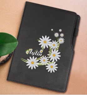BK Gift Kişiye Özel Papatya Temalı Siyah Termo Deri Not Defteri 15x21cm-1