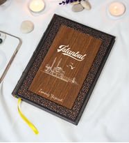 Kişiye Özel İstanbul Desenli Termo Deri + Ahşap Anı Defteri - Çizgili Defter - Hediyelik (15x21 cm - 320 Sayfa) A5