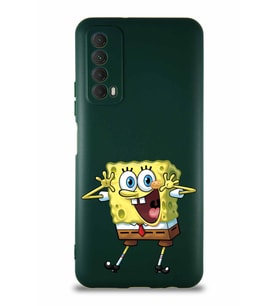 Huawei Y7A Soft Premier Kapak Sünger Bob Tasarımlı Silikon Kılıf - Yeşil (Şeffaf)