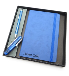 Signator® Codex  N269 Kişiye Özel Defterli Set - İsme Özel Mavi Kalem + İsme Özel Mavi Defter + İsme Özel Mavi Çakı İsme Özel Kutusunda Hediyelik Set (Karışık)