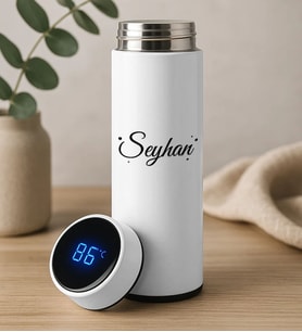 BK Gift Kişiye Özel İsimli Filtreli Dijital Göstergeli Beyaz Çelik Termos-3, Arkadaşa Hediye, Sevgiliye Hediye, Yeni İş Hediyesi