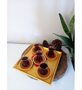 Altın Rengi El Boyaması Çiçek Desenli Kare Çay, Kahve, Söz Nişan Dekoratif Servis Sunum Tepsisi