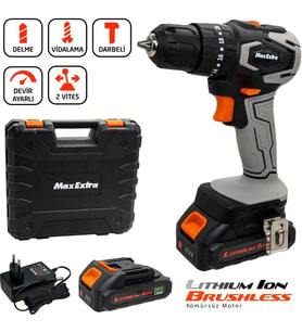 Max Extra MX1830 Çift Akülü 1.5 Ah Darbeli Matkap (Turuncu)