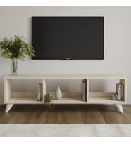 Tina TV Sehpası – 120 cm Açık Meşe Renkli, Retro Tarz Ahşap Ayaklı Minimal TV Sehpası (Bej)