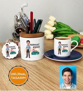 Kişiye Özel Karikatürlü Paramedik Hediye Seti Türk Kahvesi Fincanı, Kalemlik, Anahtarlık Erkek Paramediğe Tıp Bayramı Hediyesi (Lacivert)
