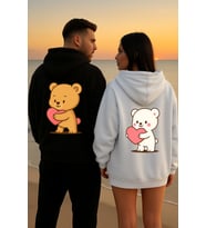 Kalpli Ayıcık Sevgili Kombini Hoodie – Unisex Oversize Çift Sweatshirt 2’li Set (Siyah - Beyaz)