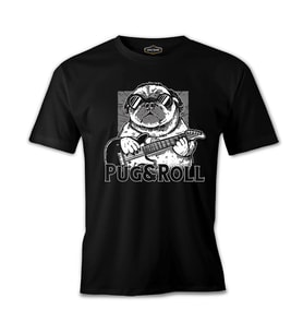 A Pug Dog with an Electric Guitar Siyah Erkek Tshirt
