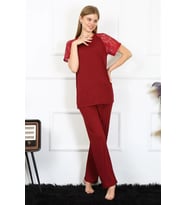 Kadın Kolu Dantelli Penye Pijama Takım Bordo