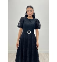 Dantel Kumaş Kolları Balon Kol Maxi Elbise - SİYAH