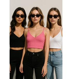 Kadın 3'lü Paket Siyah Beyaz Pembe Kısa Crop İp Askılı V Yaka Krop Bluz Büstiyer