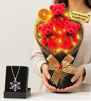 Doğum Günü Hediyesi Kişiye Özel LED Işıklı Peluş Ayıcık Buketi (Fuşya) ve Gerçek Ametist Taşlı Lotus Kolye