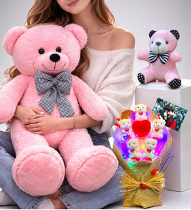 Premium Hediye Seti Pembe Büyük Peluş Ayıcık, Kişiye Özel Fotoğraflı Led Işıklı Buket ve Anahtarlık (Model 4)
