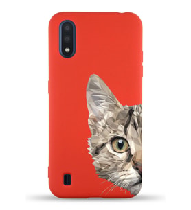 Samsung Galaxy M01 Uyumlu Lansman Kılıf Catface Tasarımlı İçi Kadife Kapak-Kırmızı (Şeffaf)