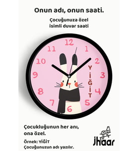 İsme Özel Sevimli Tavşan Çocuk Odası Duvar Saati Orta Boy 30 cm Siyah Camlı Sessiz