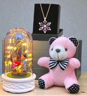 Gerçek Ametist Taşlı Lotus Kolye, Peluş Anahtarlık ve Led Işıklı Fanus Hediye Seti (Model 8)