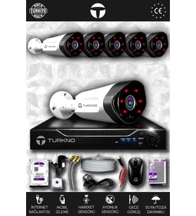TURKNO 6 Kameralı Galia 6 Dış Kamera Set 1 TB HDD Full HD Gece Görüşlü Güvenlik Kamerası Sistemi
