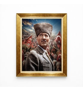 Tablore Atatürk Kalpaklı Tablo Türk Bayrağı Temalı Kanvas Duvar Dekoru Altın Çerçeve