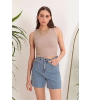 Kaşkorse Kumaş Bisiklet Yaka Kadın Crop-Bej