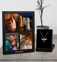 Kİşiye Özel Premium 4 Fotoğraflı Kolaj Ahşap Masaüstü Çerçeve Ve Gümüş Melek Kolye Set