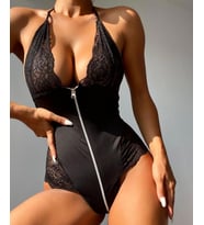 Kadın Dantelli Fermuar Detaylı Siyah Bodysuit/Mayokini-3249