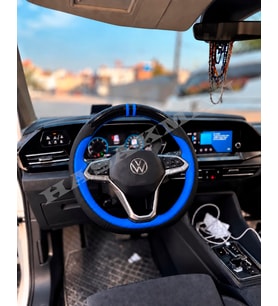 Vw Transporter T7 Dikme Direksiyon Kılıfı Parlak Siyah Mavi Detaylı Mavi Çift Yüzük ve Dikiş 2024-2026
