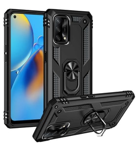 Oppo A74 4G Uyumlu Kılıf Standlı Manyetik Yüzüklü Military Magnetic Ring Polycarbonate and TPU Case (Siyah)
