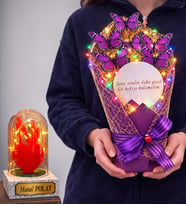Renkli Led Işıklı Aynalı Mor Kelebek Buketi (Kişiye Özel Led Işıklı Fanus Hediyeli) (Model 7)