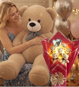 90 Cm Peluş Ayı ve LED Işıklı Romantik Balonlu Sütlü Kahve Ayıcık Buketi Anneler Günü Doğüm Günü Hediyesi (Bej)
