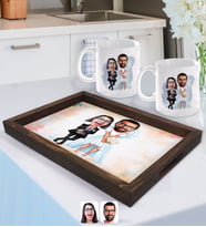 BK Gift Kişiye Özel Sevgililer Karikatürlü Doğal Ahşap Tepsi ve 2’li Kupa Bardak Seti-16