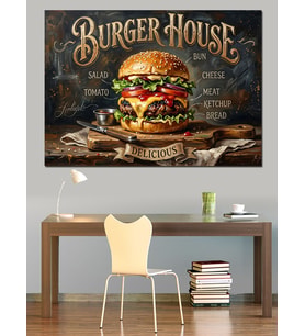 Burger House Nostaljik Yemek Tabelası Dekoratif Kanvas - Mdf Ahşap Tablo