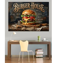 Burger House Nostaljik Yemek Tabelası Dekoratif Kanvas - Mdf Ahşap Tablo