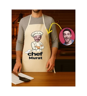 Kişiye Özel Karikatür Fotoğraflı ve İsimli Mutfak Önlüğü Chef Tasarımlı 1 (Krem)
