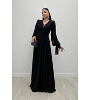 Şifon Kumaş V Yaka Büzgü Detaylı Maxi Elbise - SİYAH