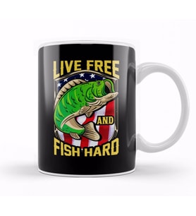 Live Free and Fish Hard Fishing Patriotic Fisher Kupa Bardak Porselen
