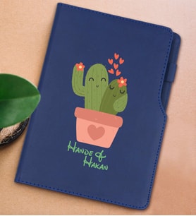 BK Gift Kişiye Özel Kaktüs Tasarımlı Lacivert Termo Deri Not Defteri 15x21cm-11