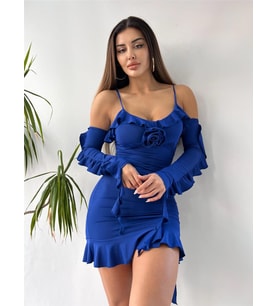 Mavi Madonna Yaka Çiçek Figürlü Mini Elbise