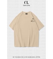 Unisex Kadın Erkek Minimalist Cat Baskılı Özel Tasarım Oversize T-shirt (Bej)