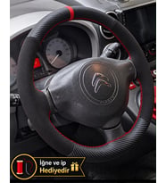 Citroen C3 A51 Dikme Direksiyon Kılıfı Alcantara Süet Mat Karbon Kırmızı Yüzük ve Dikiş 2009-2016