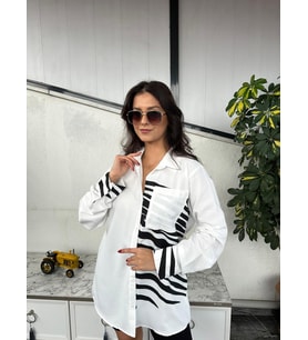 Kadın Beyaz Zebra Desenli Cepli Oversize Gömlek , Tunik 