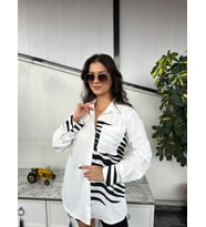 Kadın Beyaz Zebra Desenli Cepli Oversize Gömlek , Tunik 